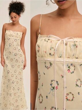 Revolve For Love and Lemons Floral Lace-Trim Slip Dress in Pale Yellow Sz Med